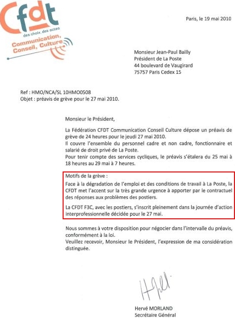 Préavis CFDT La Poste 27 mai