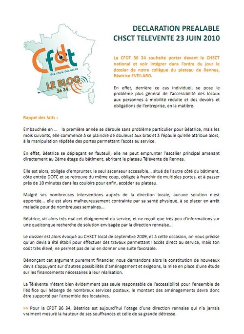 Declaration Préalables CFDT 36 34 CHSCT du 2306