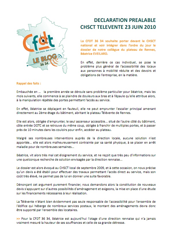 Declaration Préalables CFDT 36 34 CHSCT du 2306