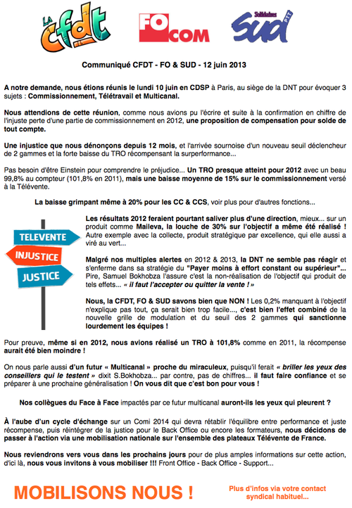 Communiqué CFDT 36 34 : FO :SUD 12062013 V1